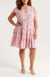 Cece Flutter Sleeve Tiered Dress In Pink