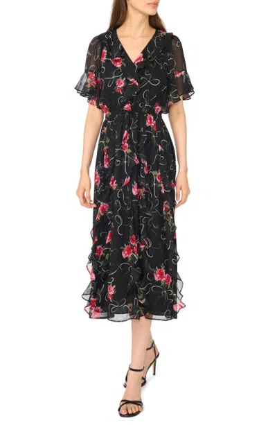 Cece Flutter Sleeve V-neck Midi Dress In Multi