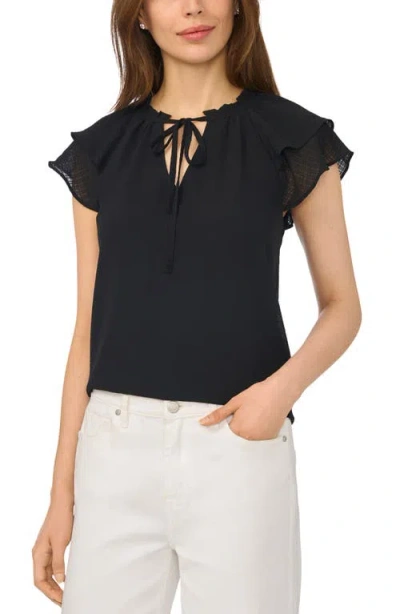 Cece Fluttery Sleeve Tie Neck Top In Black