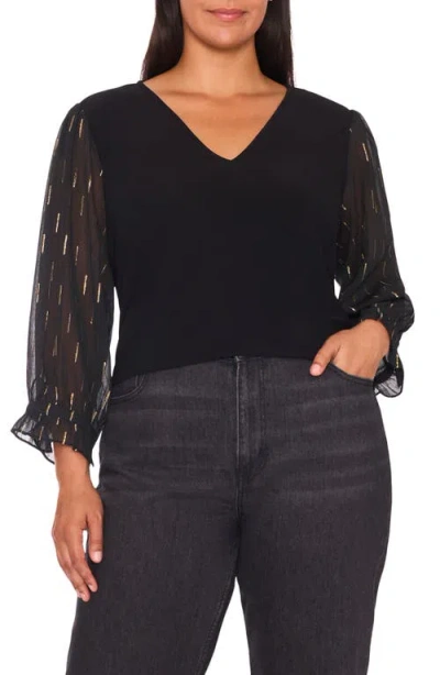 Cece Foil Clip Sleeve V-neck Mixed Media Top In Black