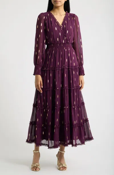 Cece Foil Smocked Waist Long Sleeve Tiered Maxi Dress In Purple