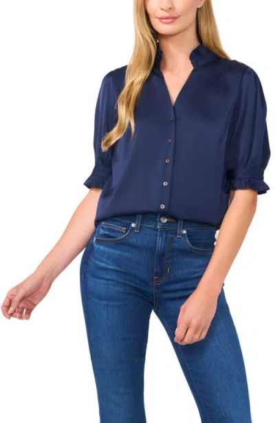 Cece Womens Ruffled Satin Button-down Top In Classic Navy
