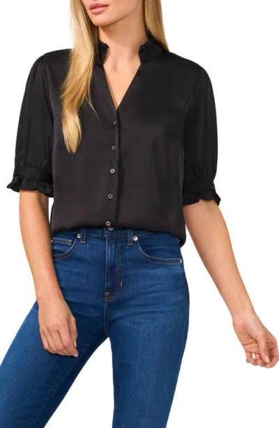 Cece Scallop Trim Button-up Shirt In Black