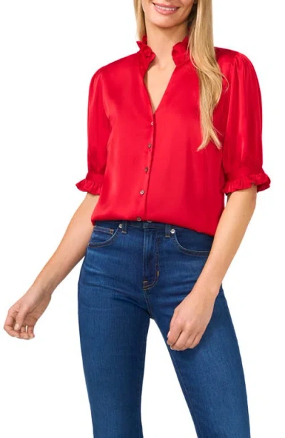 Cece Frill Cuff Satin Button-up Shirt In Red