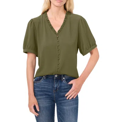 Cece Frill V-neck Button-up Blouse In Dark Clover Green