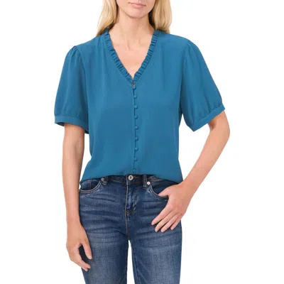 Cece Frill V-neck Button-up Blouse In Mallard Blue