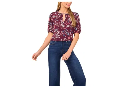 Cece Front Keyhole Short Puff Sleeve Top In Burgundy
