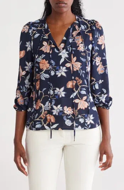 Cece Front Tie Long Sleeve Top In Blue