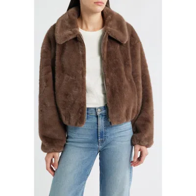 Cece Front Zip Crop Faux Fur Jacket In Brown