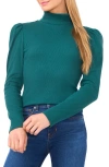 Cece Rib Knit Puff Sleeve Turtleneck Top In Green