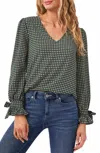 Cece Geo Box Check Bow Tie Sleeve V- Neck Blouse In Green In Green