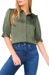 Cece Geo Print Elbow Sleeve Button-up Satin Shirt In Green