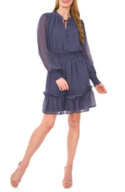 Cece Geo Print Smocked Waist Long Sleeve Dress In Blue
