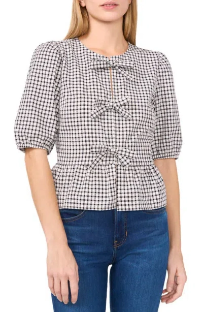 Cece Gingham Bow Front Cotton Peplum Top In Rich Black