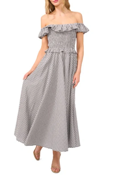 Cece Gingham Off The Shoulder Cotton Dress In Rich Black