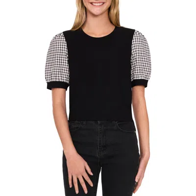 Cece Gingham Puff Sleeve Mixed Media Top In Rich Black