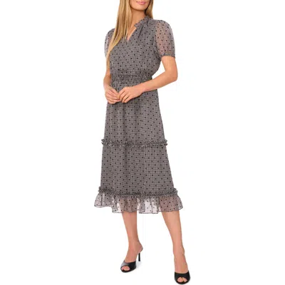 Cece Gingham Tiered Puff Sleeve Midi Dress In Rich Black