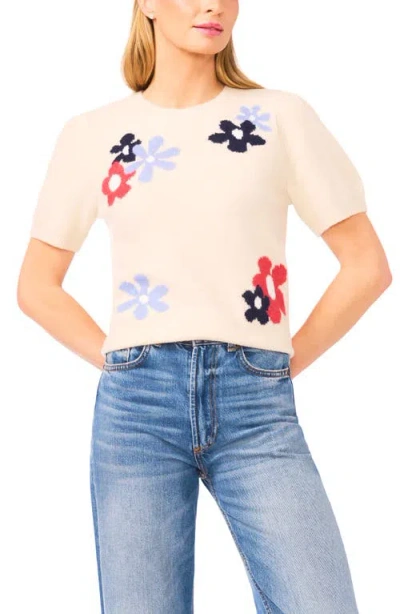 Cece Groovy Flower Short Sleeve Sweater In Neutral