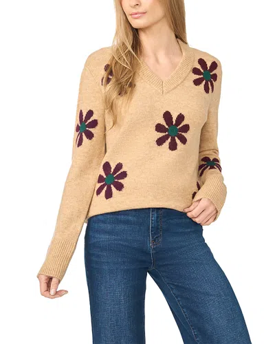 Cece Groovy Flower V Neck Sweater In Multi