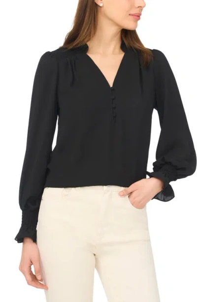 Cece Half Placket Smocked Accent Top In Black