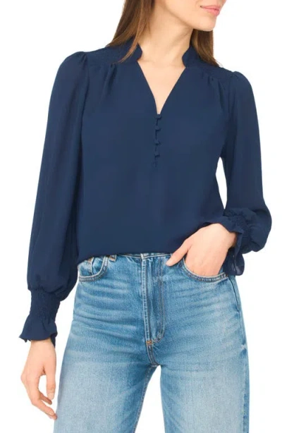 Cece Half Placket Smocked Accent Top In Blue