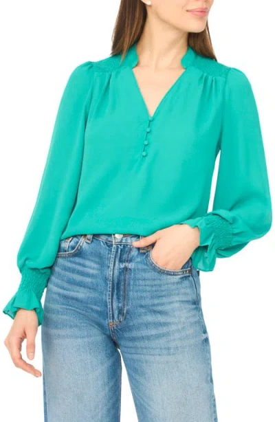Cece Half Placket Smocked Accent Top In Green