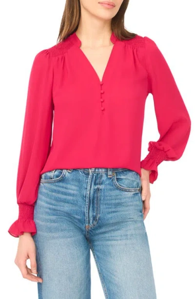 Cece Half Placket Smocked Accent Top In Pink