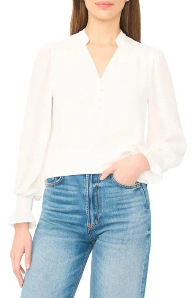 Cece Half Placket Smocked Accent Top In White