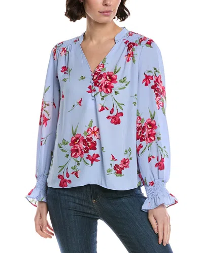 Cece Half Placket Smocked Top In Blue