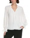 Cece Half Placket Smocked Accent Top In White