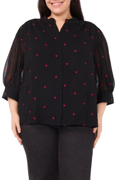 Cece Heart Embroidered Button-up Shirt In Black