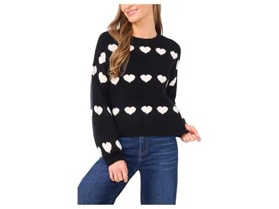 Cece Heart Jacquard Crew Neck Sweater In Black