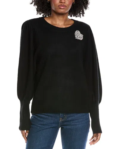 Cece Heart Rhinestone Patch Puff Sleeve Sweater In Black