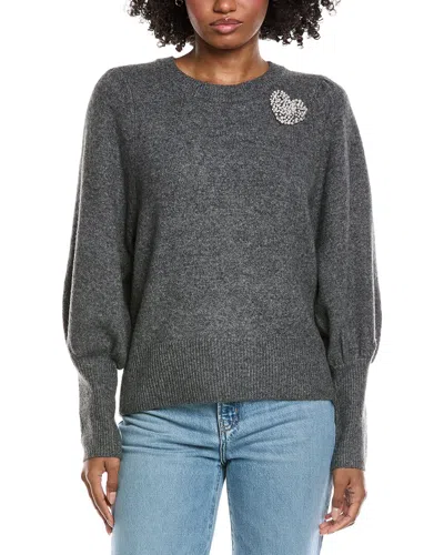Cece Heart Rhinestone Patch Puff Sleeve Sweater In Gray