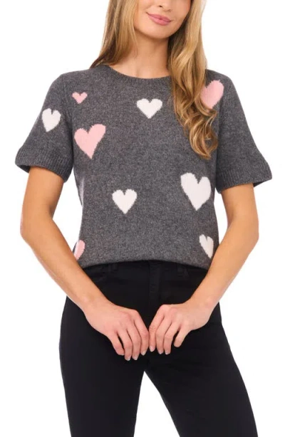 Cece Heart Short Sleeve Crewneck Sweater In Gray