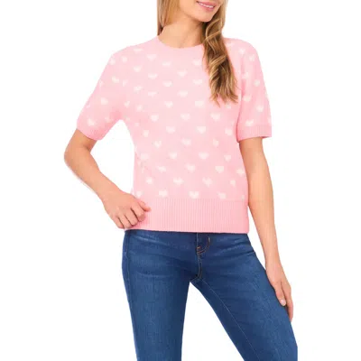 Cece Heart Short Sleeve Crewneck Sweater In Pink
