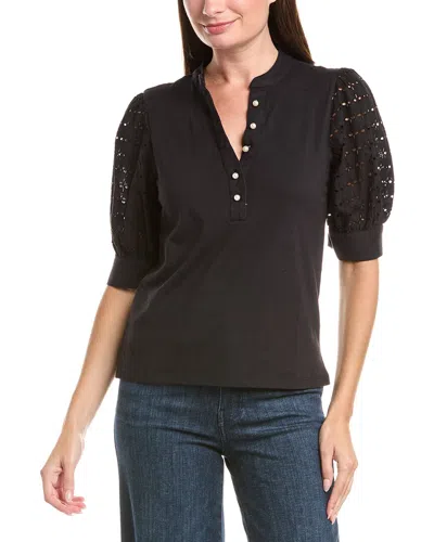 Cece Henley Mixed Media Top In Black