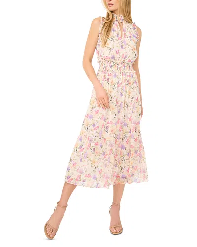 Cece High Neck Smocking Detail Dress In White