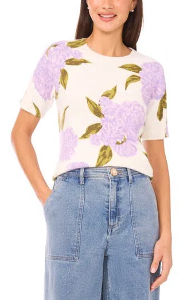 Cece Hydrangea Print Short Sleeve Sweater In Orchid Petal
