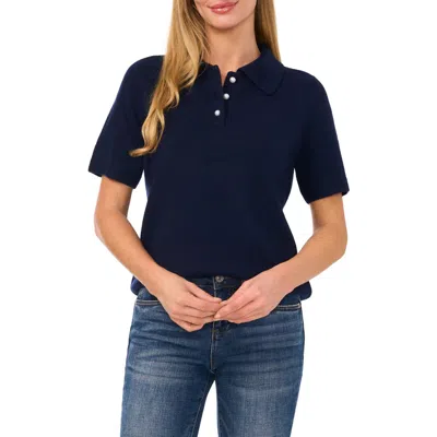 Cece Imitation Pearl Button Polo Sweater In Classic Navy