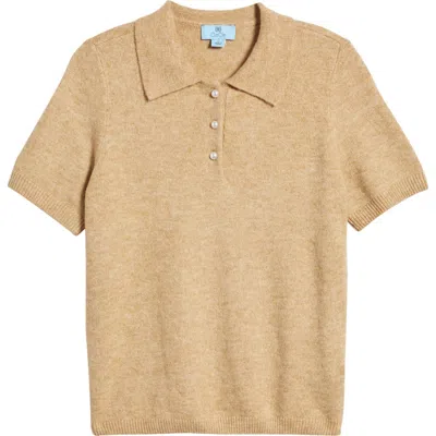 Cece Imitation Pearl Button Polo Sweater In Latte Heather