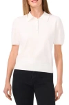Cece Imitation Pearl Button Puff Sleeve Polo In Antique White