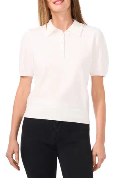 Cece Imitation Pearl Button Puff Sleeve Polo In Antique White