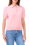 Cece Imitation Pearl Button Puff Sleeve Polo In Coral Blush Pink