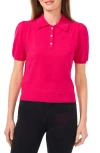Cece Imitation Pearl Button Puff Sleeve Polo In Electric Pink