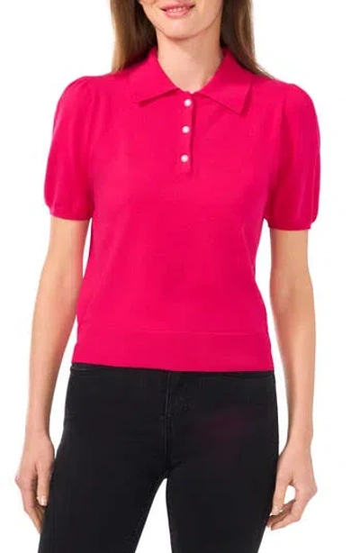 Cece Imitation Pearl Button Puff Sleeve Polo In Electric Pink