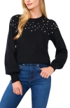 Cece Women's Scattered-pearl Crewneck Sweater In Rich Black