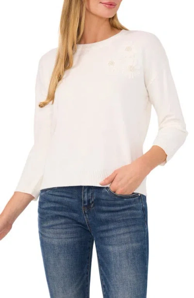 Cece Imitation Pearl Floral Embroidered Sweater
