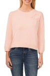 CECE IMITATION PEARL FLORAL EMBROIDERED SWEATER