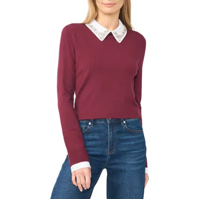 Cece Jewel Collar Twofer Sweater In Crisp Merlot